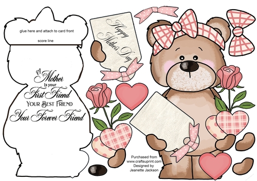 Rose & Hearts Teddy Bear Mothers Day Shaped Card