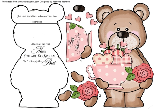 Tea Cup Hearts Teddy Bear Mothers Day Shaped Card