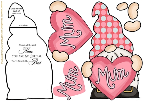Mum Heart Mothers Day Gnome Shaped Card