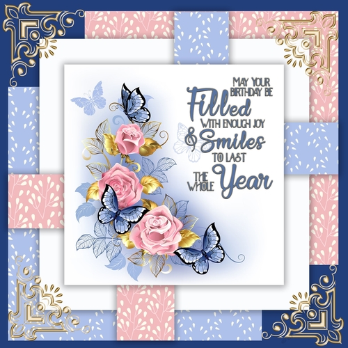 Pink Roses and Butterflies 7 x 7 Birthday Card