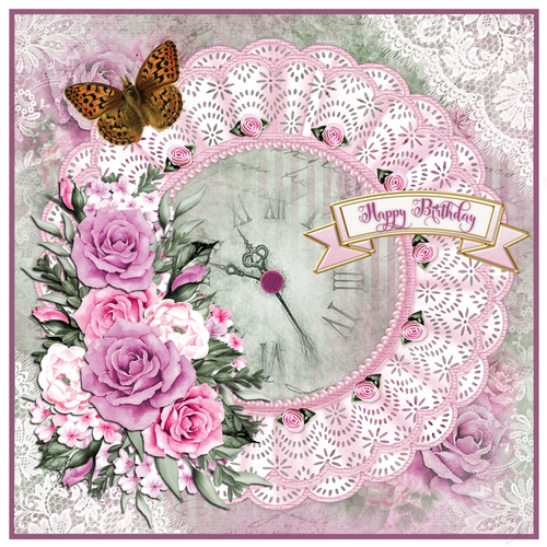 Pink Roses Doily 7 x 7 Birthday Card