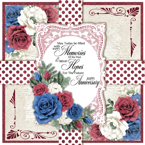 Blue, Red and White Roses 7 x 7 Anniversary Card