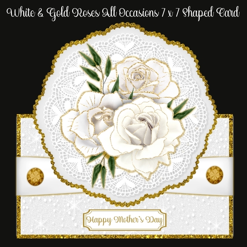 White & Gold Roses All Occasions 7 x 7 Shaped Card