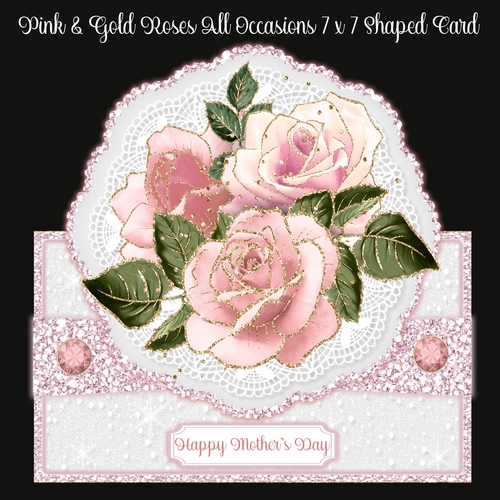 Pink & Gold Roses All Occasions 7 x 7 Shaped Card