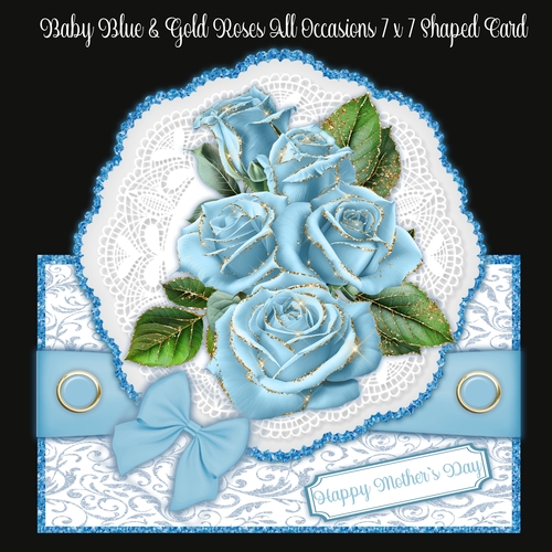Baby Blue & Gold Roses All Occasions 7 x 7 Shaped Card