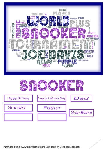 Fathers Day, Birthday Snooker Tournament Topper to fit a A5 