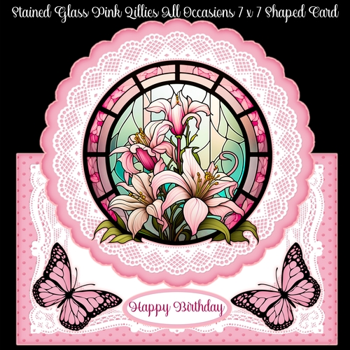 Stained Glass Pink Lilies All Occasions 7 x 7 Shaped Card