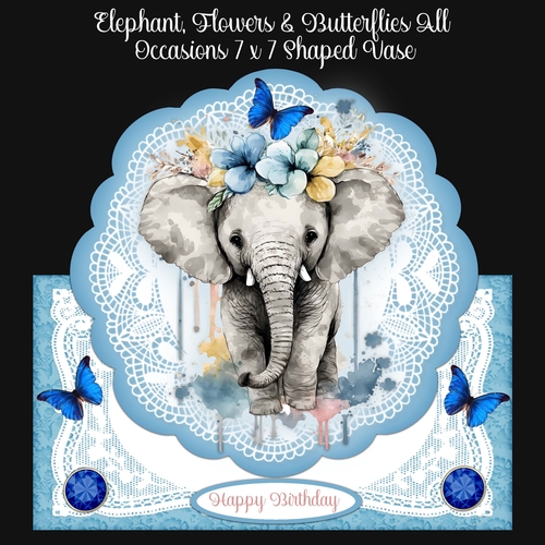 Elephant, Flowers, & Butterflies All Occasions 7 x 7 Shaped Card