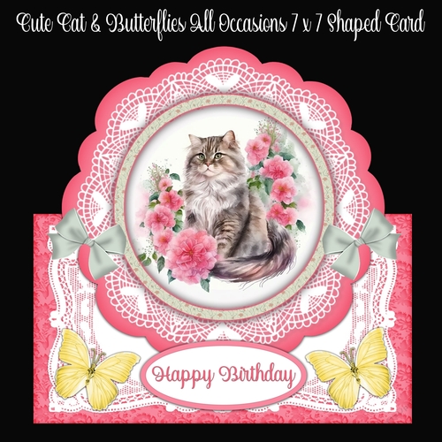 Cute Cat & Butterflies All Occasions 7 x 7 Shaped Card
