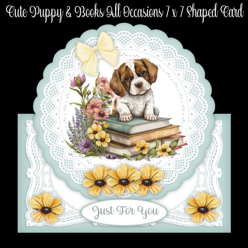 Cute Puppy & Books 7 x 7 All occasions Shaped Card