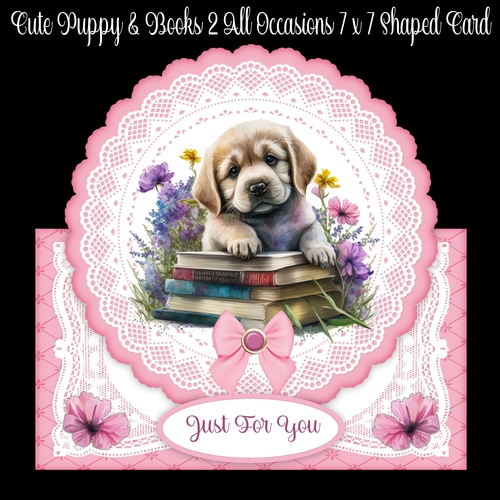 Cute Puppy & Books 2 7 x 7 All occasions Shaped Card