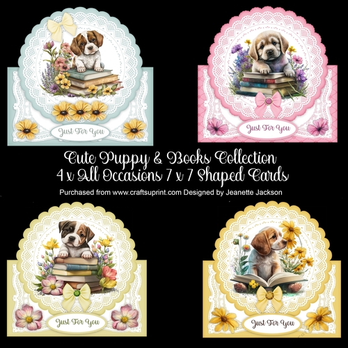 Cute Puppy & Books Collection 4 x All Occasions 7 x 7 Shaped Cards