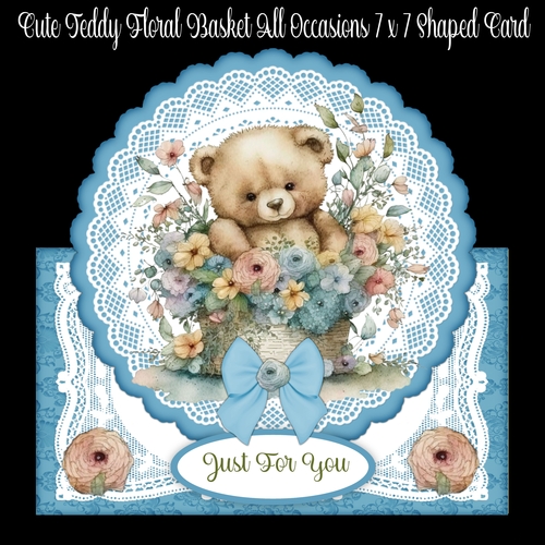 Cute Teddy Floral Basket All Occasions 7 x 7 Shaped Card