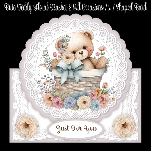 Cute Teddy Floral Basket 2 All Occasions 7 x 7 Shaped Card