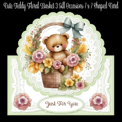 Cute Teddy Floral Basket 3 All Occasions 7 x 7 Shaped Card