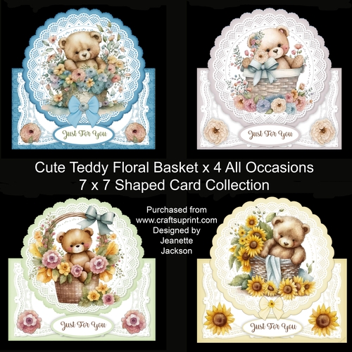 Cute Teddy Floral Basket x4 All Occasions 7 x 7 Shaped Cards