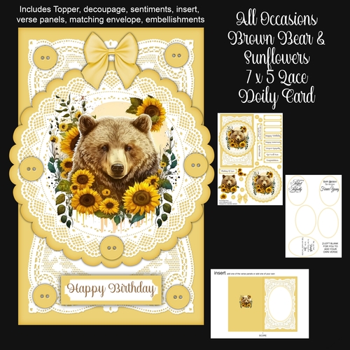 All Occasions Brown Bear & Sunflowers 7 x 5 Lace Doily Card