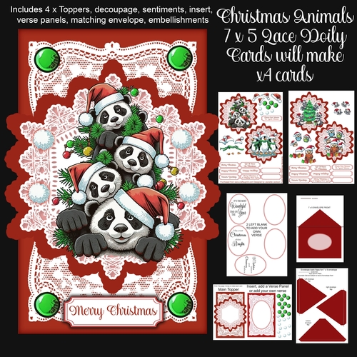 Christmas Animals 7 x 5 Lace Doily Cards x 4 Kit 1