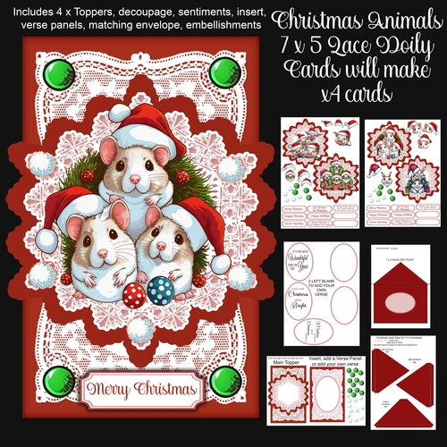 Christmas Animals 7 x 5 Lace Doily Cards x 4 Kit 2