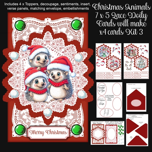 Christmas Animals 7 x 5 Lace Doily Cards x 4 Kit 3