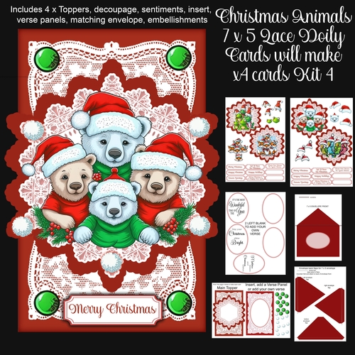 Christmas Animals 7 x 5 Lace Doily Cards x 4 Kit 4