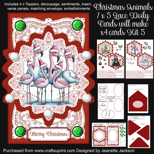 Christmas Animals 7 x 5 Lace Doily Cards x 4 Kit 5