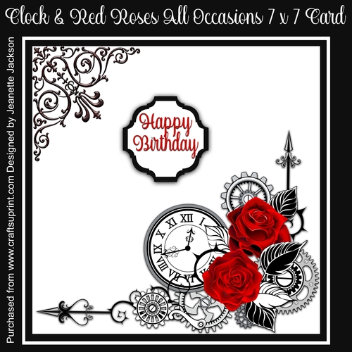 Clock & Red Roses All Occasions 7 x 7 Card