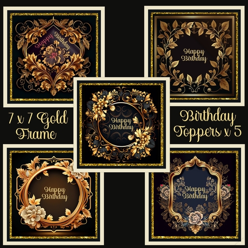 7 x 7 Gold Floral Frame Birthday Toppers x 5