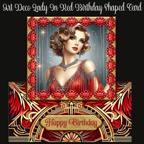 Art Deco Lady In Red Birthday Shaped Card