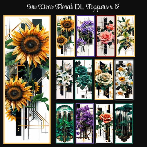 Art Deco Floral DL Toppers x 12 or Bookmarks