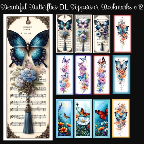 Beautiful Butterflies DL Toppers OR Bookmarks x 12