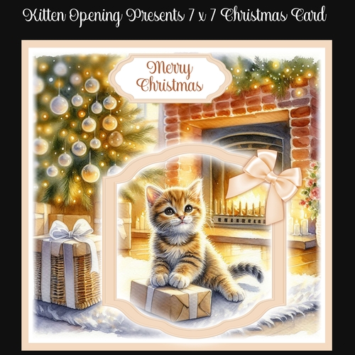 Kitten Opening Presents 7 x 7 Christmas Card
