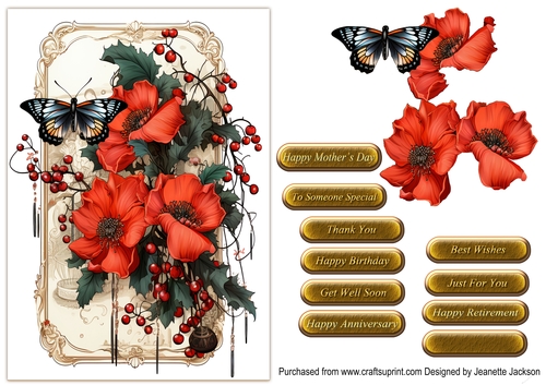 Poppies & Butterfly  All Occasions A5 Card