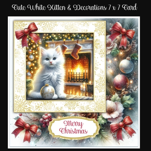 Cute White Kitten & Decoration 7 x 7 Card