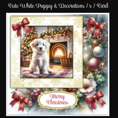Cute White Puppy & Decoration 7 x 7 Card