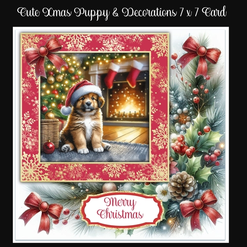 Cute Xmas Puppy & Decorations 7 x 7 Card