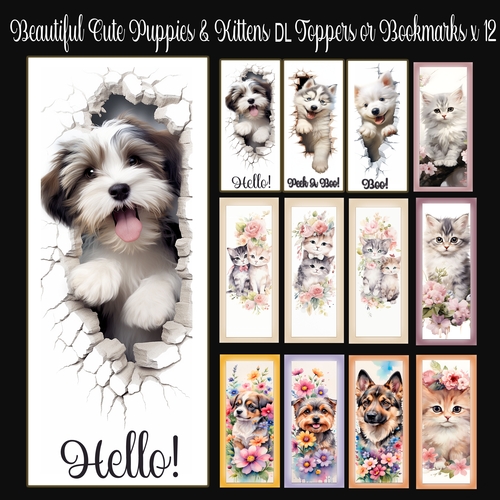 Beautiful Cute Puppies & Kittens DL Toppers or Bookmarks x 12