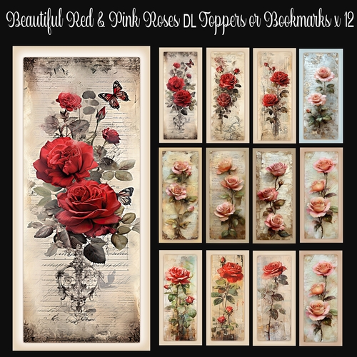 Beautiful Red & Pink Roses DL Toppers or Bookmarks x 12