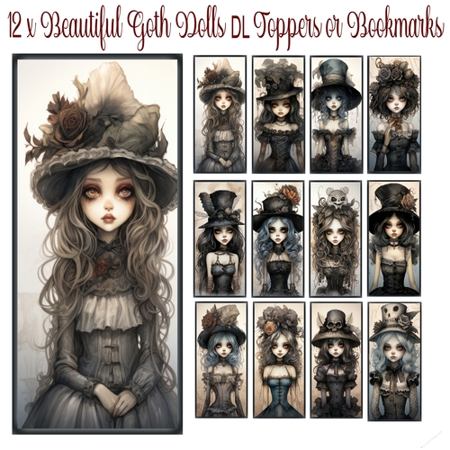 12 x Beautiful Goth Dolls DL Toppers or Bookmarks
