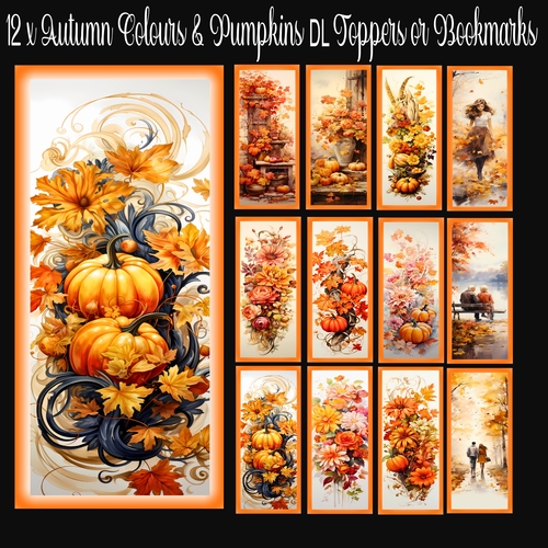 12 x Autumn Colours & Pumpkins DL Toppers or Bookmarks