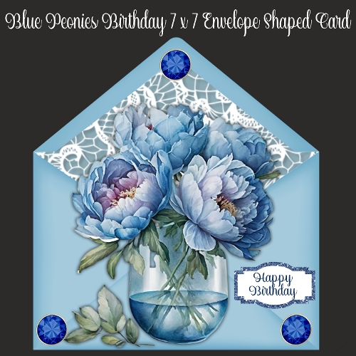 Blue Peonies Birthday 7 x 7 Envelope Shaped Card