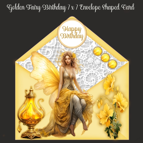 Golden Fairy Birthday 7 x 7 Envelope Shaped Card