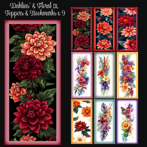 Dahlias` & Floral Dl Toppers & Bookmarks x 9