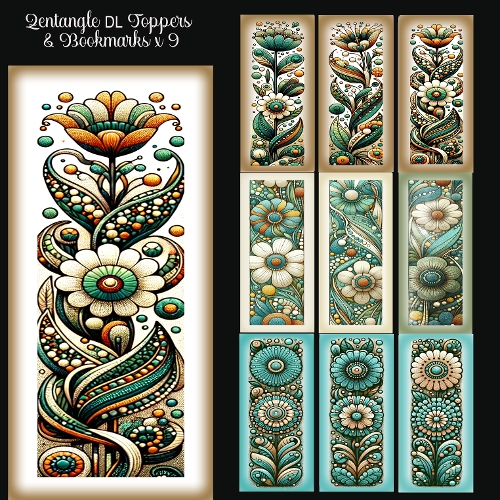 Zentangle Floral DL Topper & Bookmarks x 9