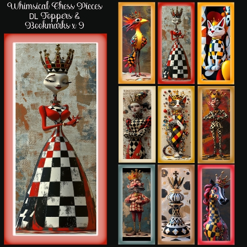 Whimsical Chess Pieces DL Toppers & Bookmarks x 9 