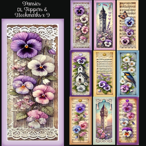 cup1374824_2474 - Pansies DL Toppers & Bookmarks x 9