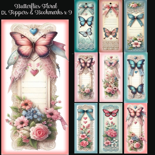 Butterflies Floral DL Toppers & Bookmarks x 9