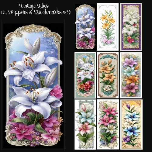 Vintage Lilies DL Toppers & Bookmarks x 9