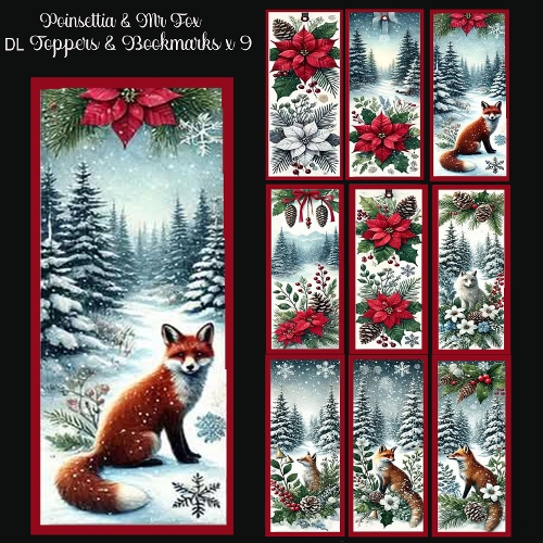 Poinsettia & Mr Fox DL Toppers & Bookmarks x 9 