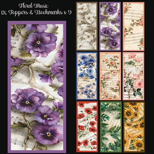 Floral Music DL Toppers & Bookmarks x 9